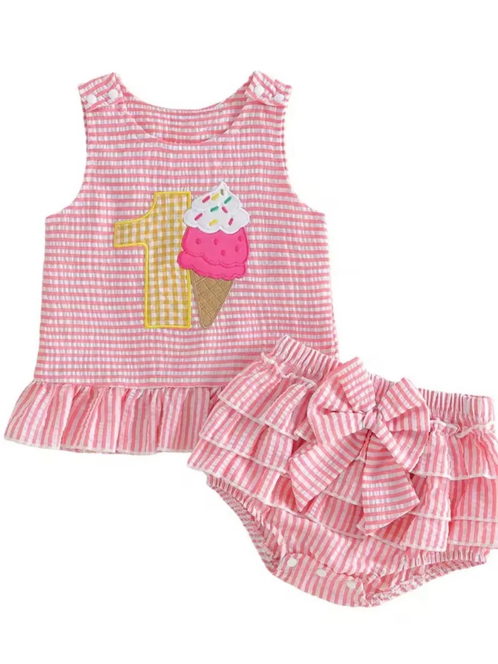 Pink Seersucker Ice Cream 1st Birthday Ruffle Top & Bloomers Set